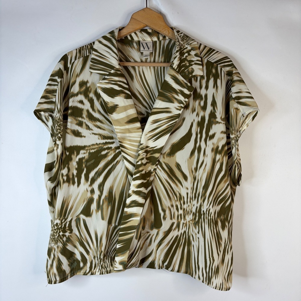 Worthington Blouse Women XXL Olive Green Abstract Palm Surplice Dolman Top